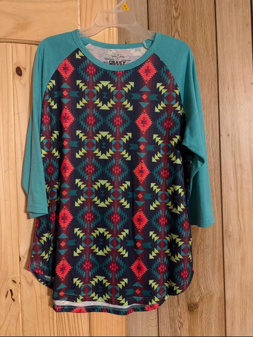 Aztec Print Raglan Sleeve Top - Teal/Navy
